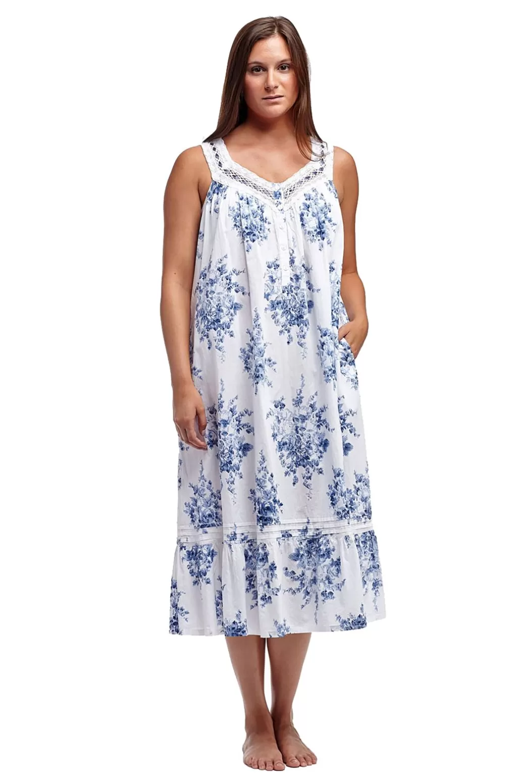 La Cera™ 100% Cotton Lace Trim Flounce Gown- Blue And White Floral Print