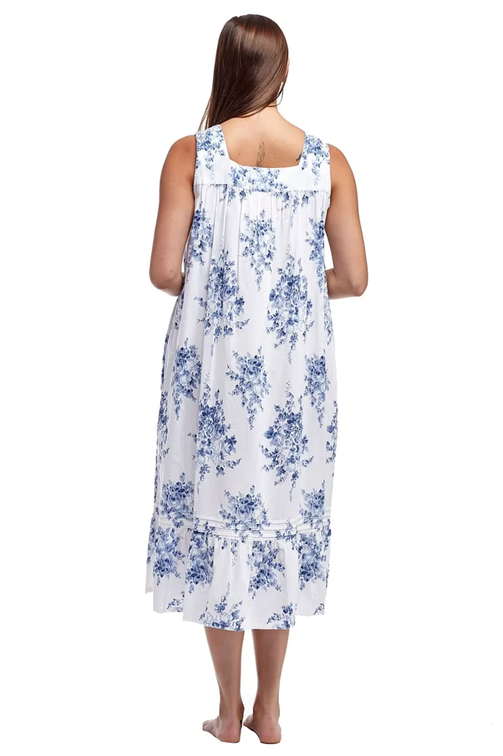 La Cera™ 100% Cotton Lace Trim Flounce Gown- Blue And White Floral Print