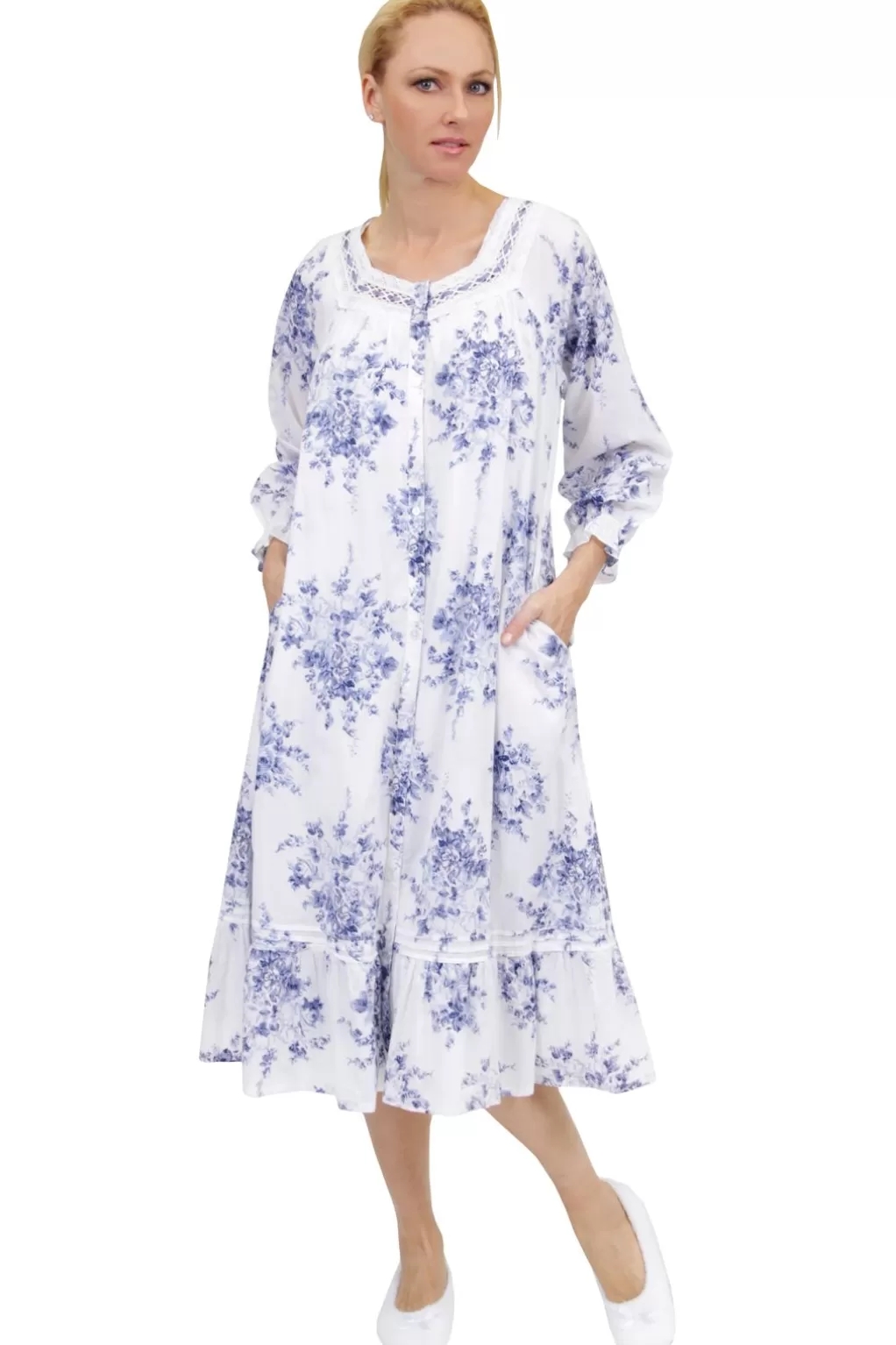 La Cera™ 100% Cotton Lace Trim Flounce Robe Gown- Blue And White Floral Print