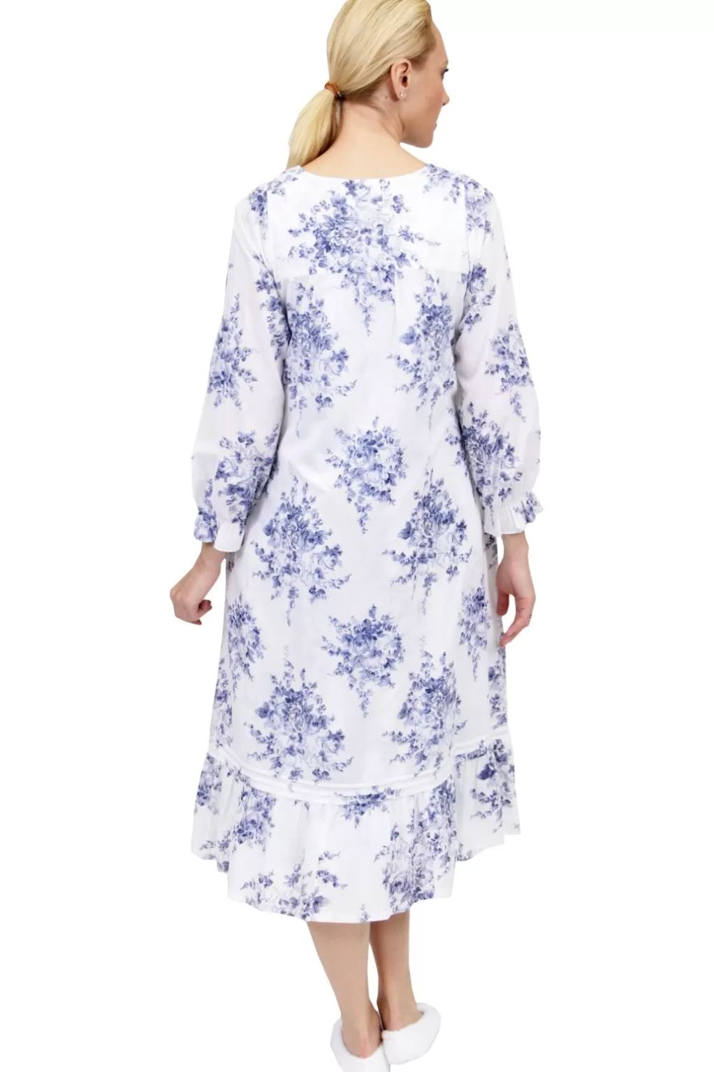 La Cera™ 100% Cotton Lace Trim Flounce Robe Gown- Blue And White Floral Print