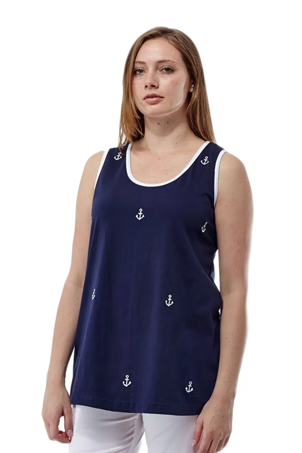 La Cera™ Cotton Knit Tank With Anchor Embroidery - Plus Size