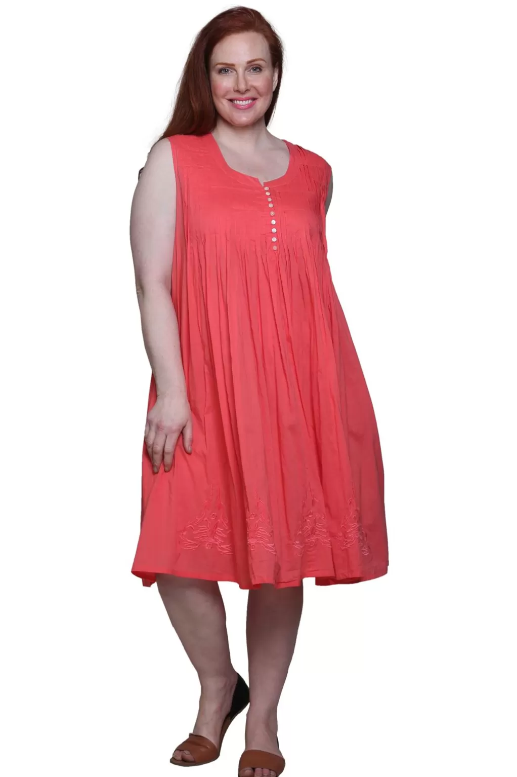 La Cera™ La Cera 100% Cotton Sleeveless Dress With Hem Embroidery - Plus Size