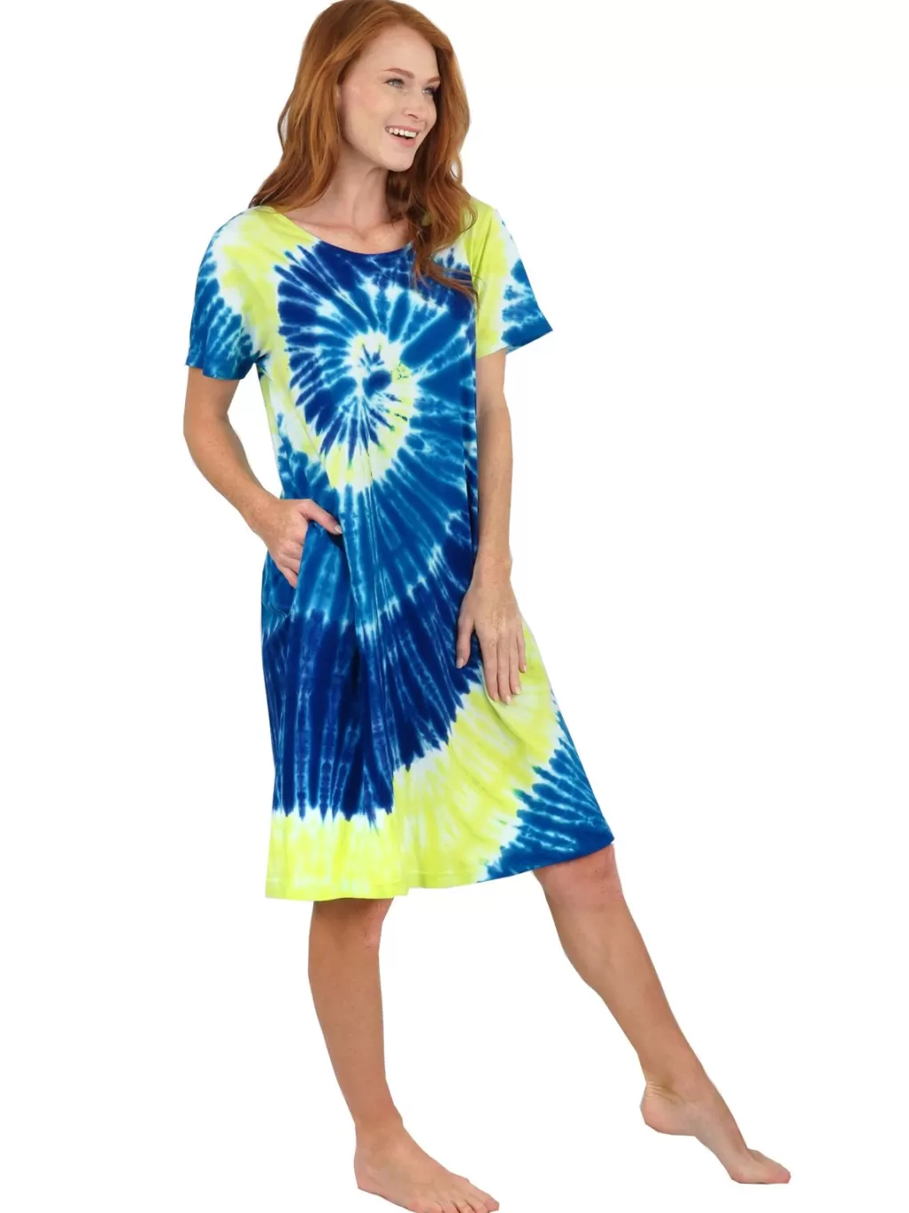 La Cera™ La Cera Cotton Knit Short Sleeve Blue Yellow Tie-Dye Dress
