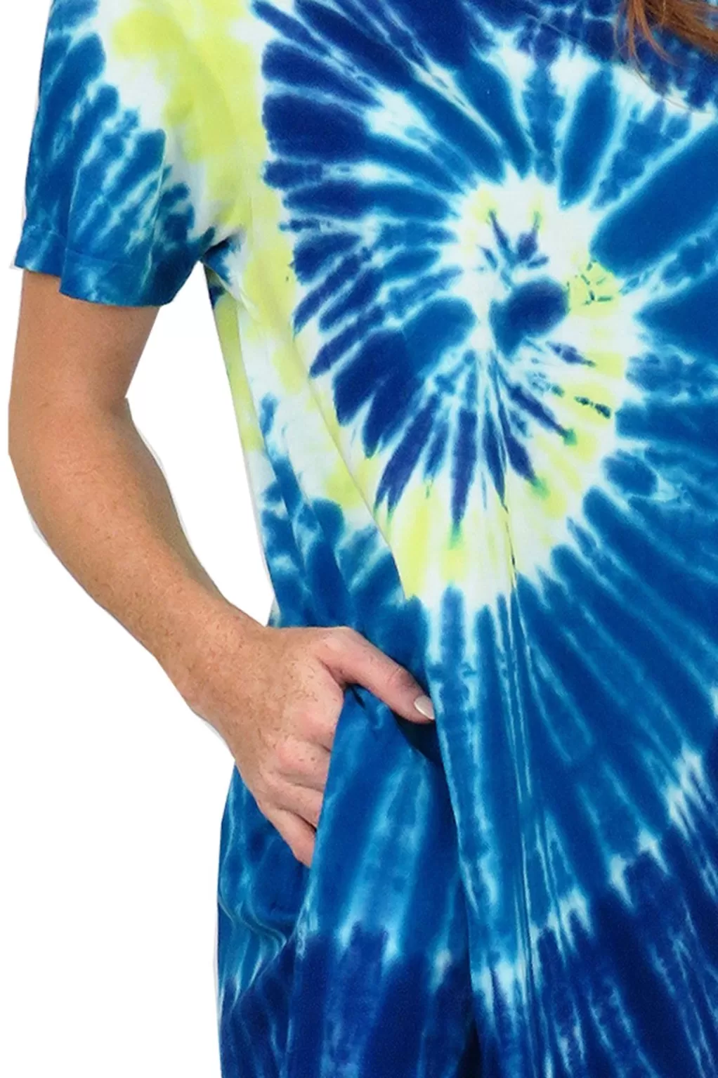 La Cera™ La Cera Cotton Knit Short Sleeve Blue Yellow Tie-Dye Dress