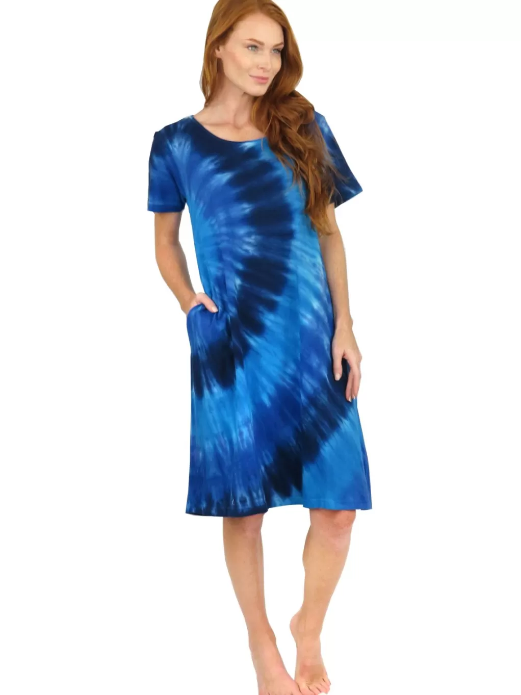 La Cera™ La Cera Cotton Knit Short Sleeve Denim Blue Tie-Dye Dress