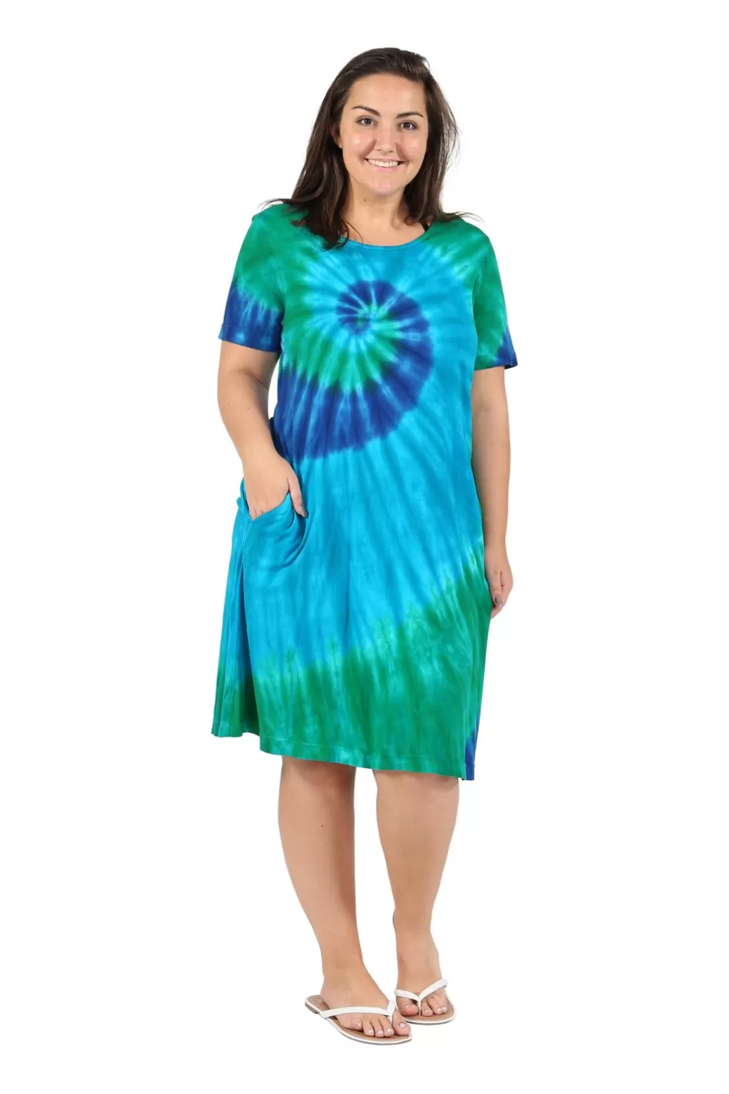 La Cera™ La Cera Cotton Knit Short Sleeve Turquoise Tie-Dye Dress - Plus S