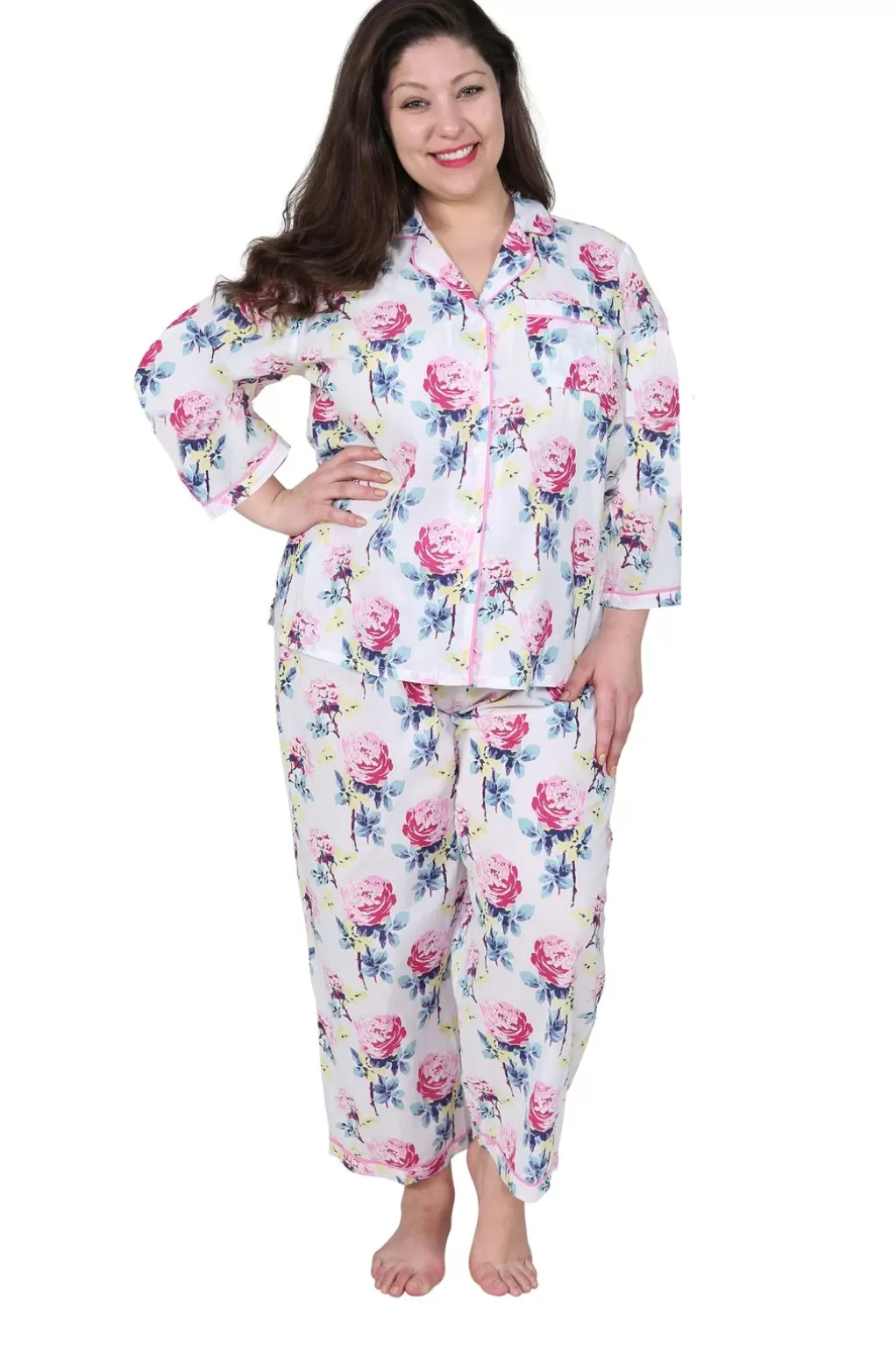 La Cera™ La Cera Floral 3/4 Sleeve Cotton Pajama Set - Plus Size