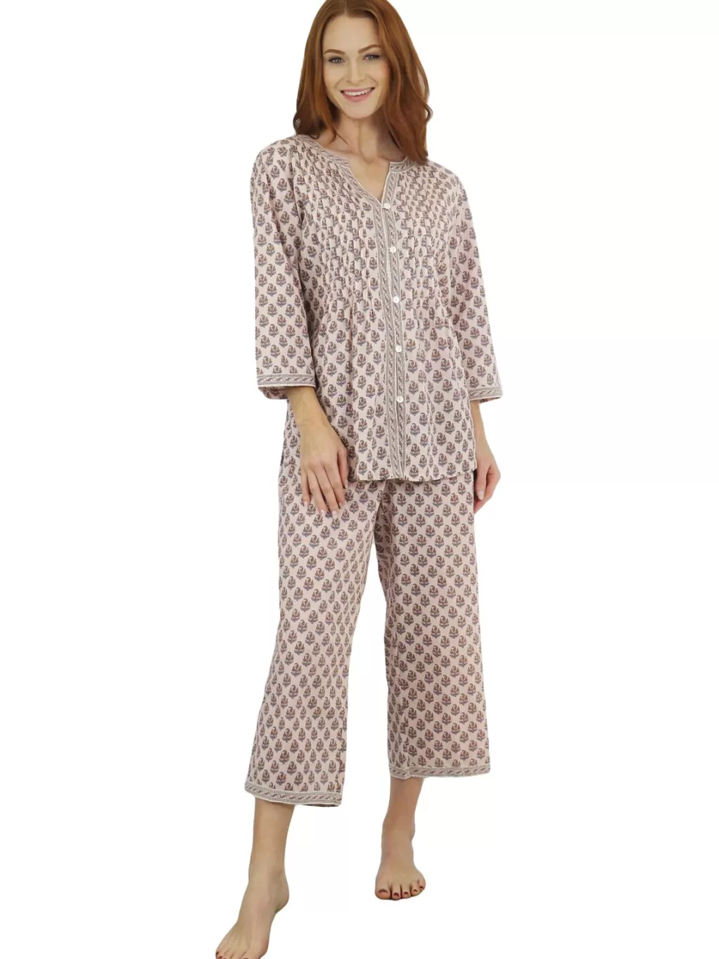 La Cera™ La Cera Floral 3/4 Sleeve Pleat Front Capri Pajama Set