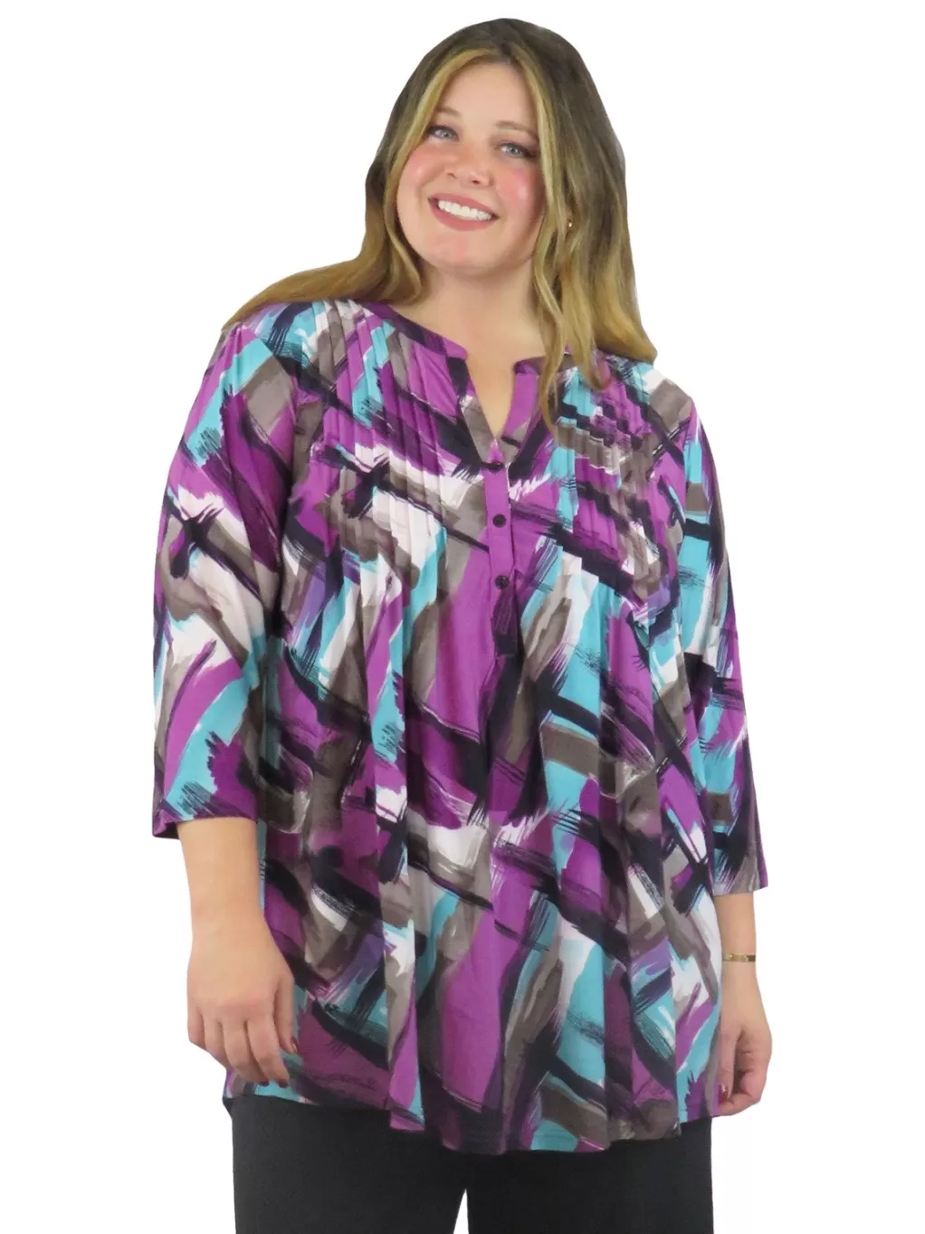 La Cera™ La Cera Pleat Front Geometric Printed Tunic - Plus Size