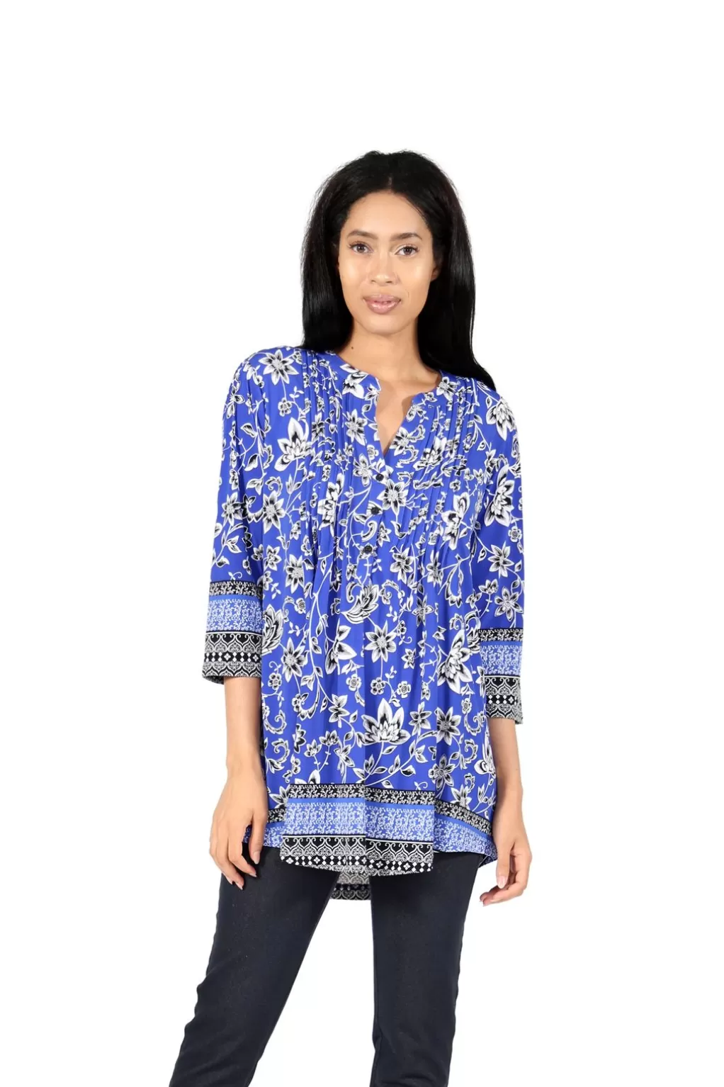 La Cera™ La Cera Pleat Front Printed Tunic With Border Print