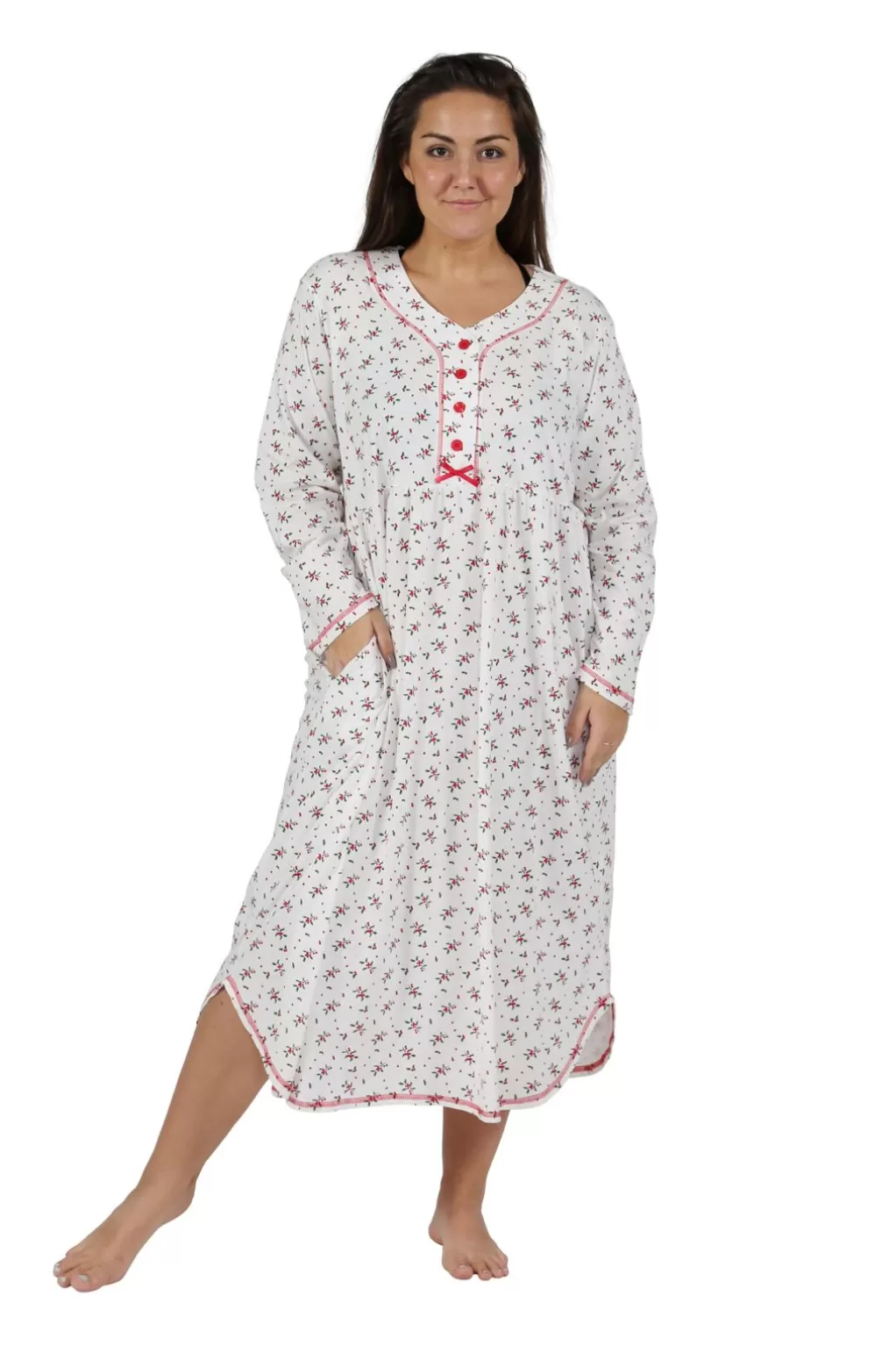 La Cera™ La Cera Plus Size 100% Cotton Knit Mistletoe Print Nightshirt