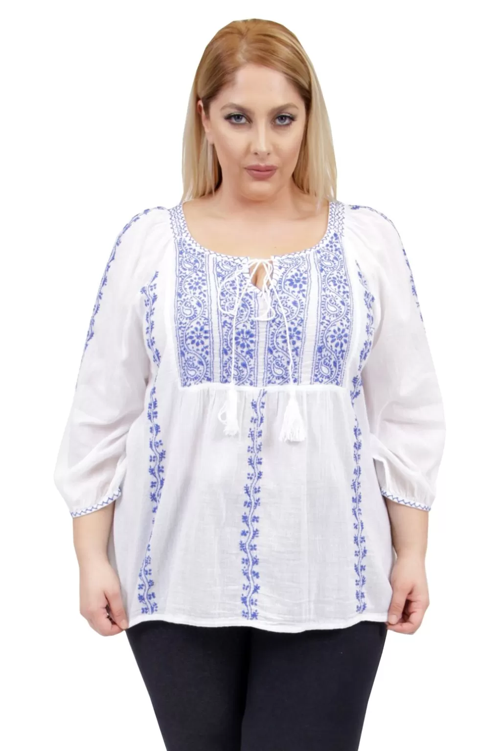 La Cera™ La Cera Plus Size 3/4 Sleeve Stripe Embroidered Peasant Top