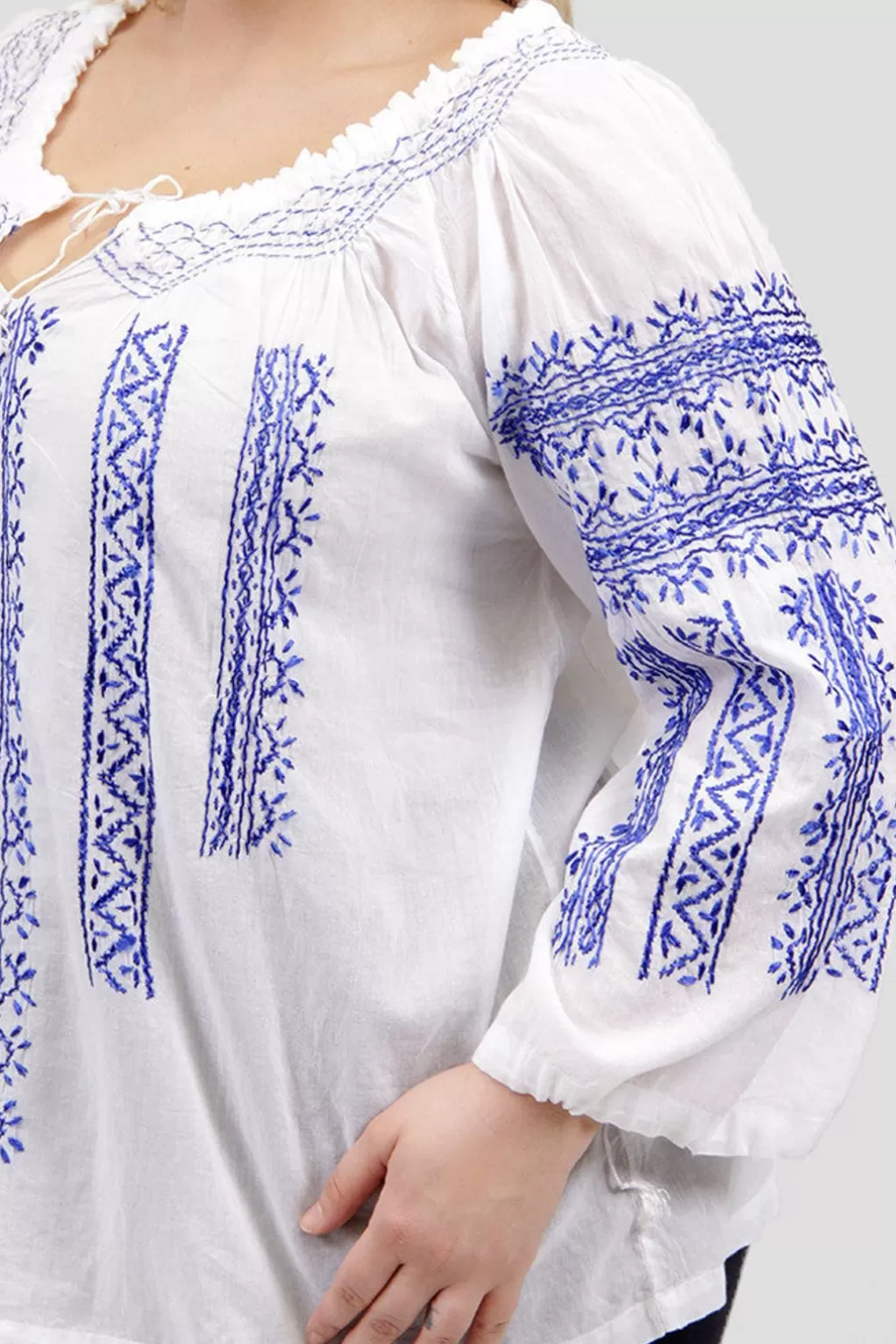La Cera™ La Cera Plus Size 3/4 Sleeve Stripe Embroidered Peasant Top