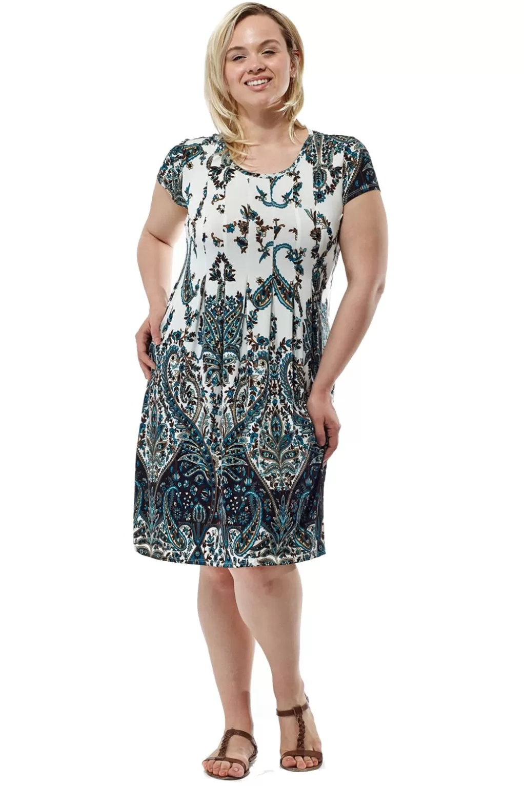 La Cera™ La Cera Plus Size Ivory And Navy Print Short Sleeve Dress
