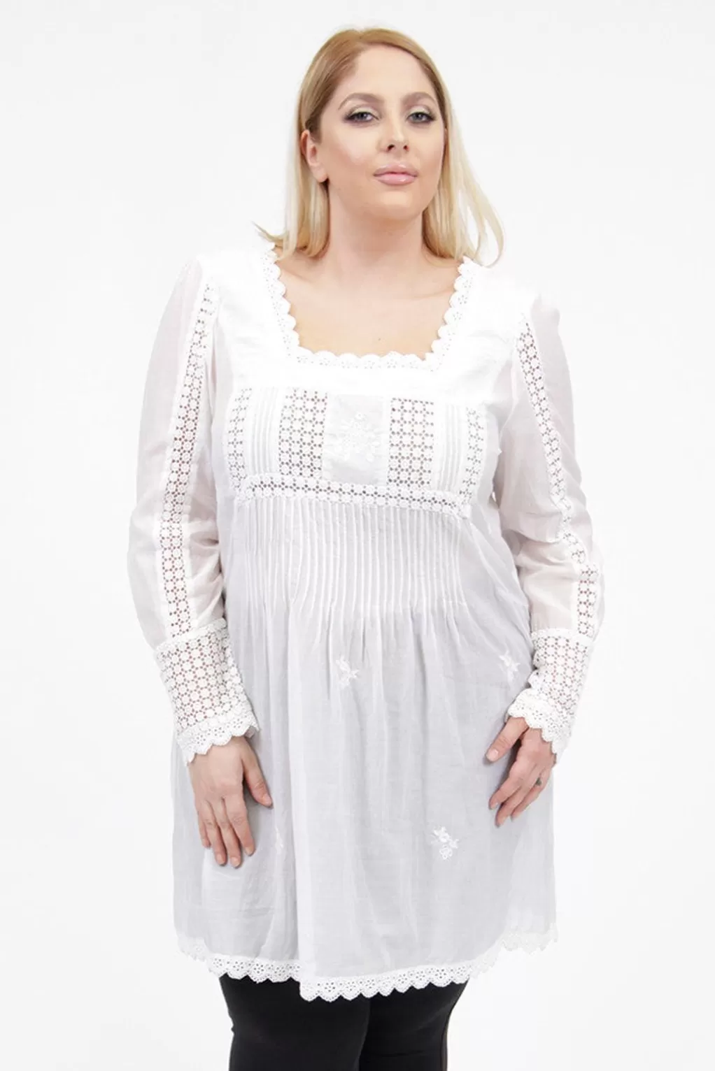La Cera™ La Cera Plus Size Long Sleeve Lace Detail Top