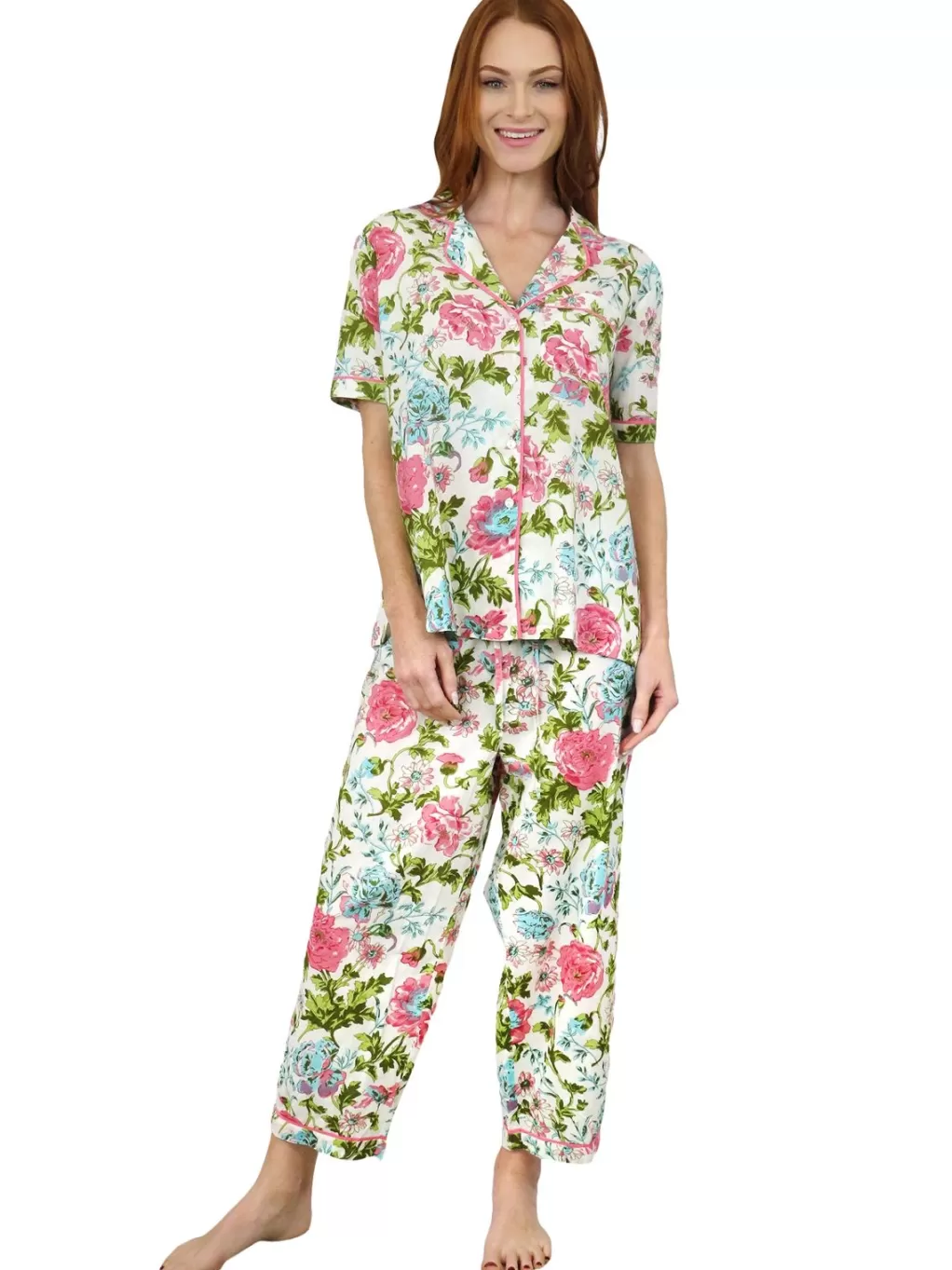 La Cera™ La Cera Short Sleeve English Garden Print Cotton Pajama Set