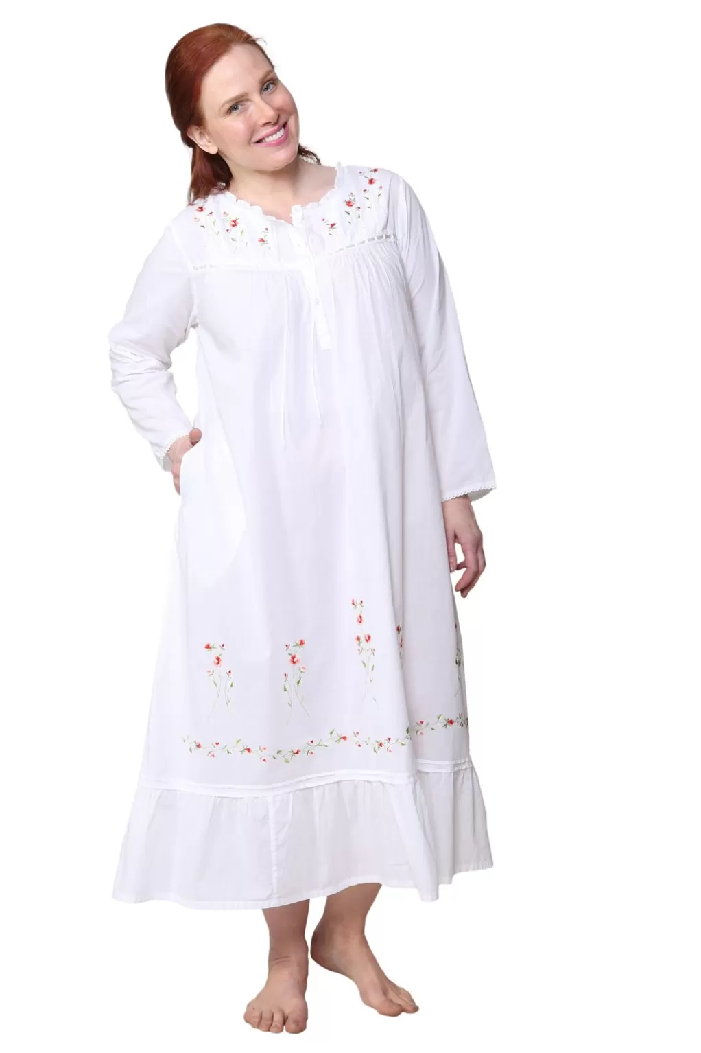 La Cera™ Plus Size 100% Cotton Embroidered Long Sleeve Gown