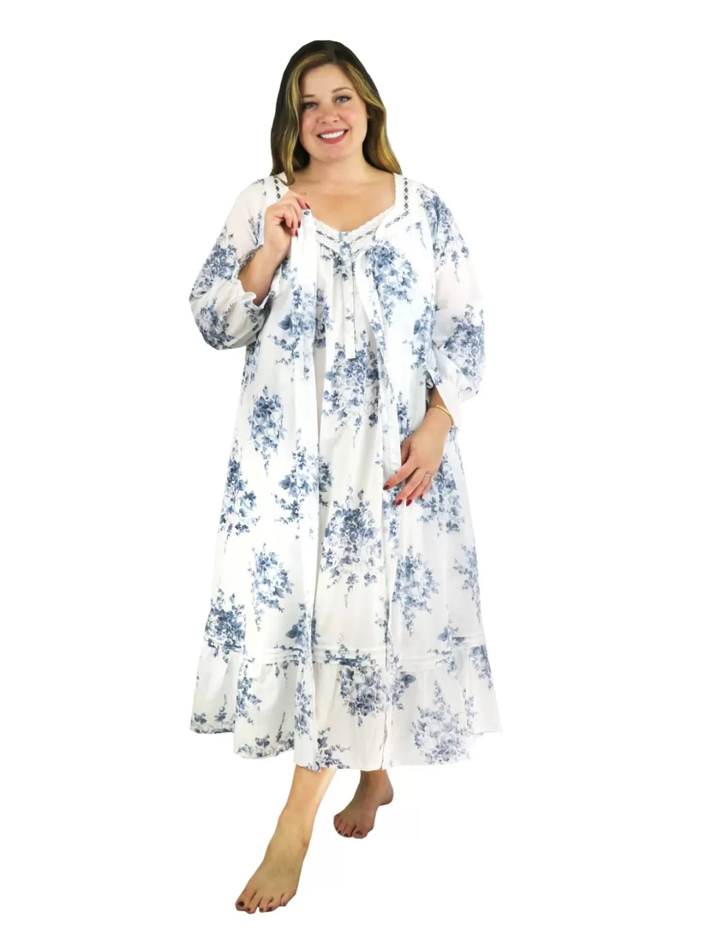 La Cera™ Plus Size 100% Cotton Lace Trim Flounce Robe Gown- Blue And White Flor
