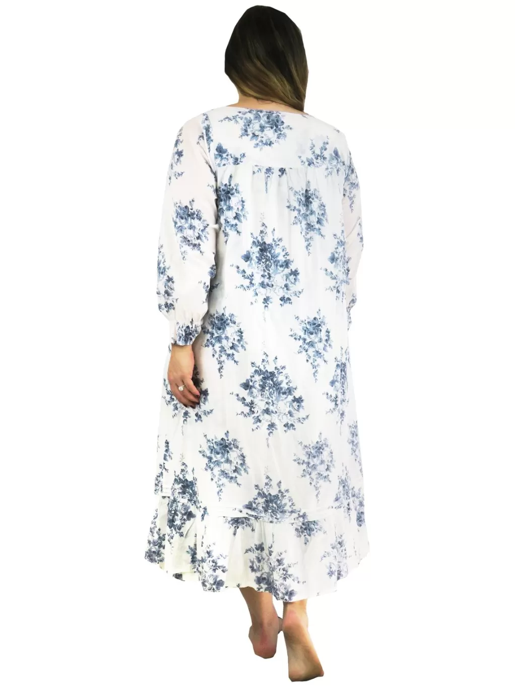 La Cera™ Plus Size 100% Cotton Lace Trim Flounce Robe Gown- Blue And White Flor