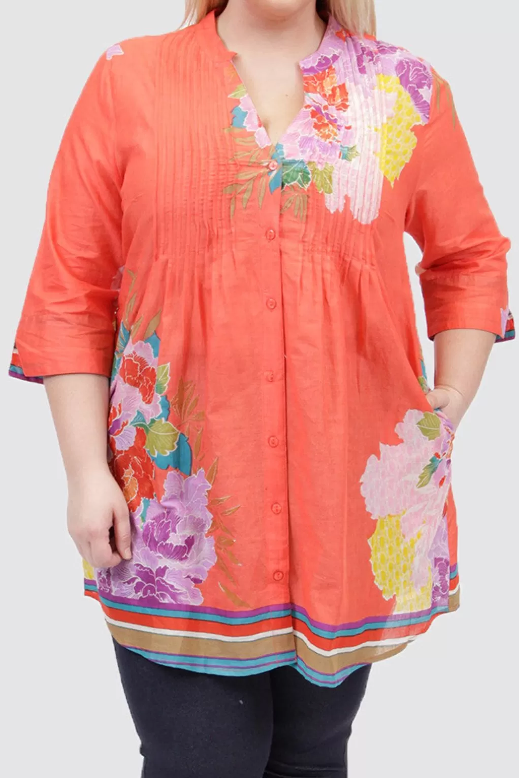 La Cera™ Plus Size Floral Border Print Tunic With Release Pleats