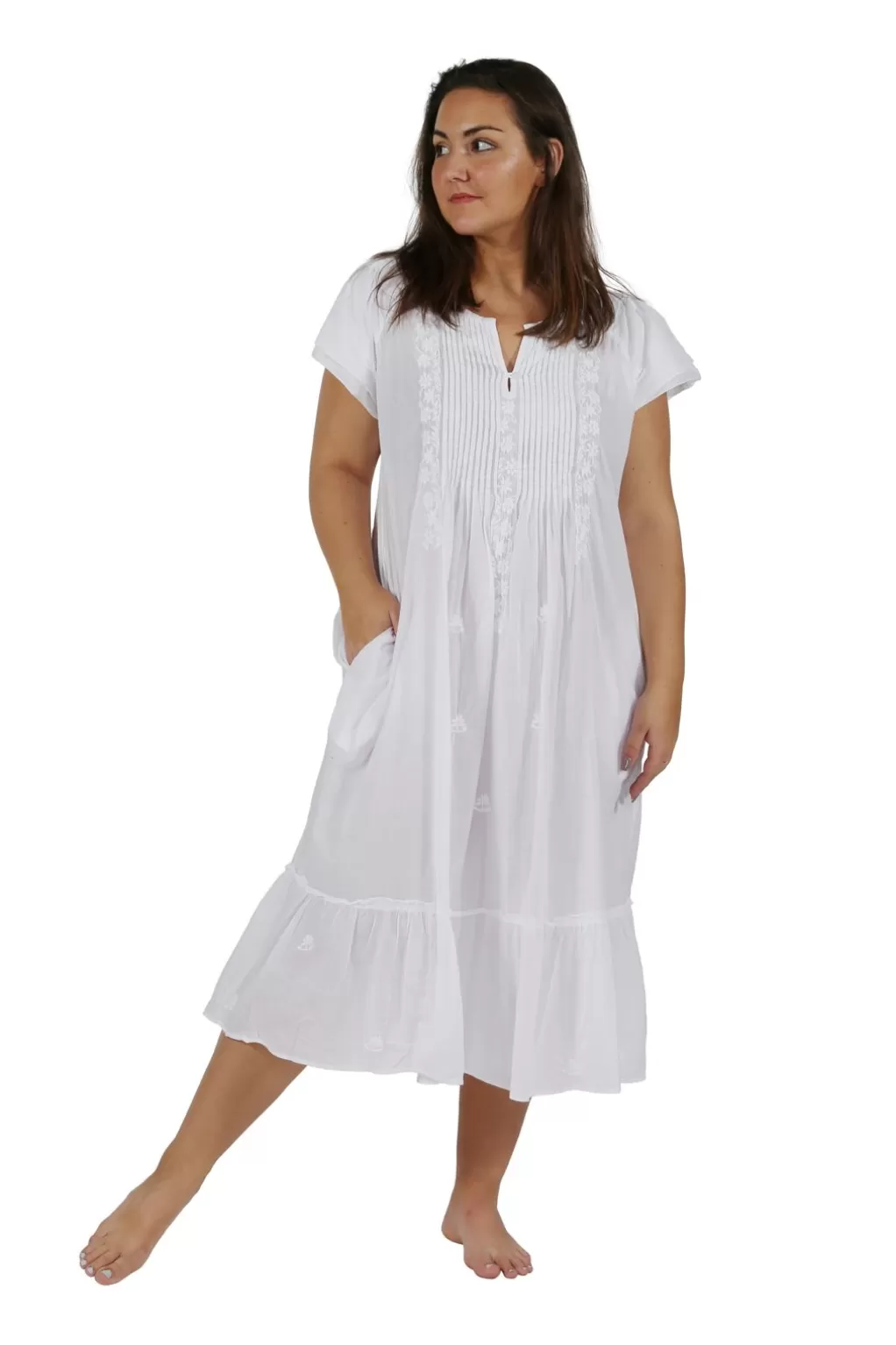 La Cera™ Plus Size La Cera Double Cap Short Sleeve Cotton Embroidered Gown