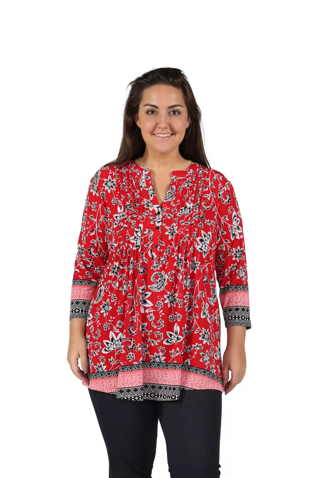La Cera™ Plus Size La Cera Pleat Front Printed Tunic With Border Print