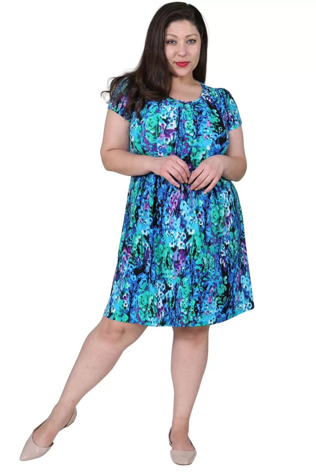 La Cera™ Plus Size La Cera Teal Multi Print Short Sleeve Dress