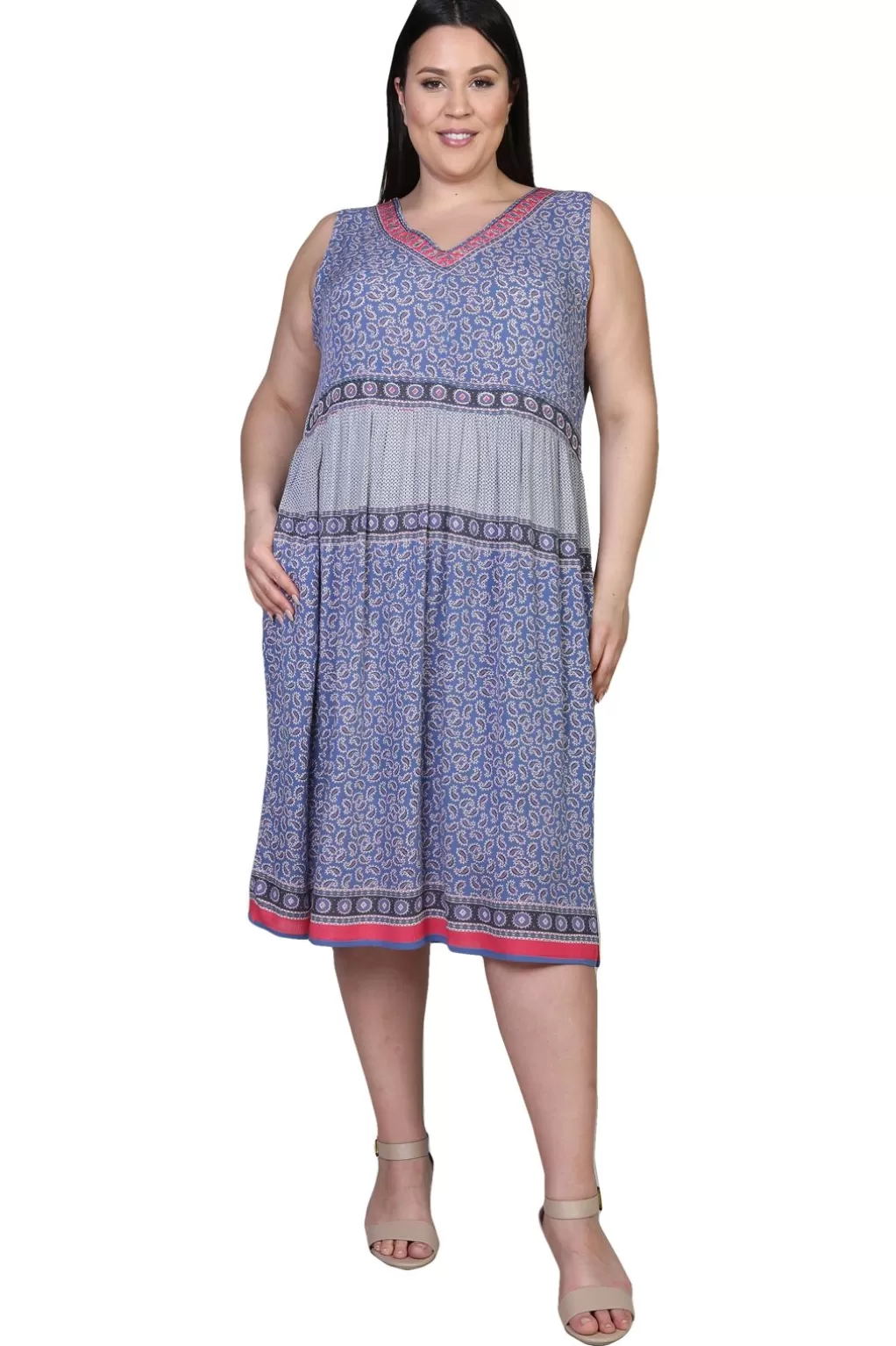La Cera™ Plus Size V-Neckline Empire Waist Border Print Dress