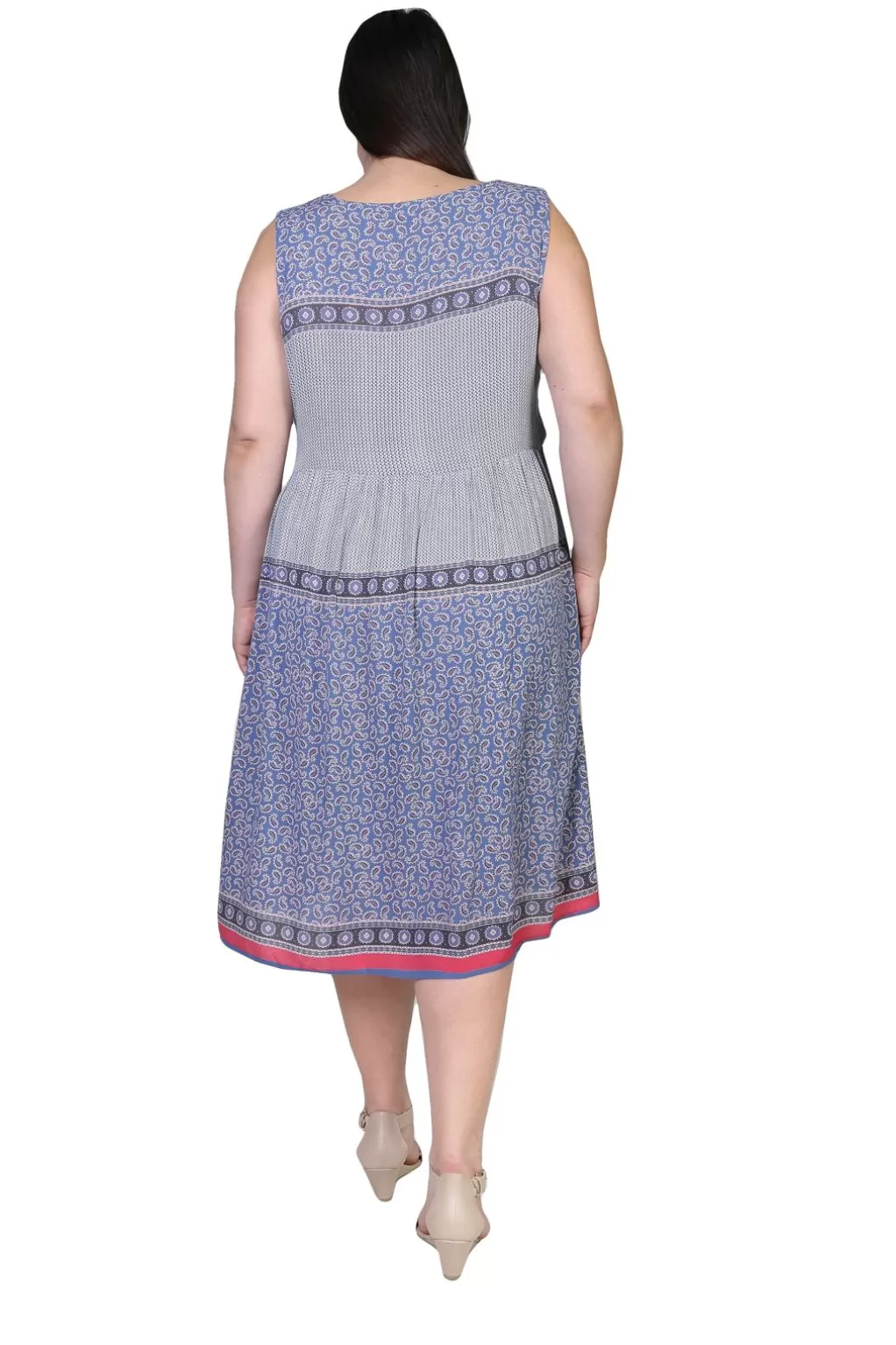 La Cera™ Plus Size V-Neckline Empire Waist Border Print Dress