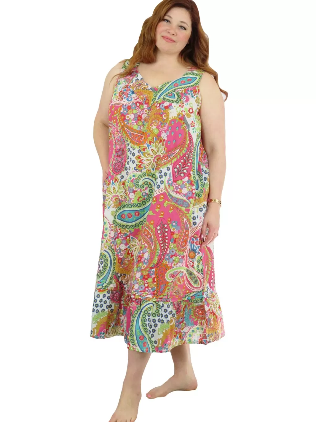 La Cera™ Vibrant Print Sweetheart Neck Gown With Pockets - Plus Size